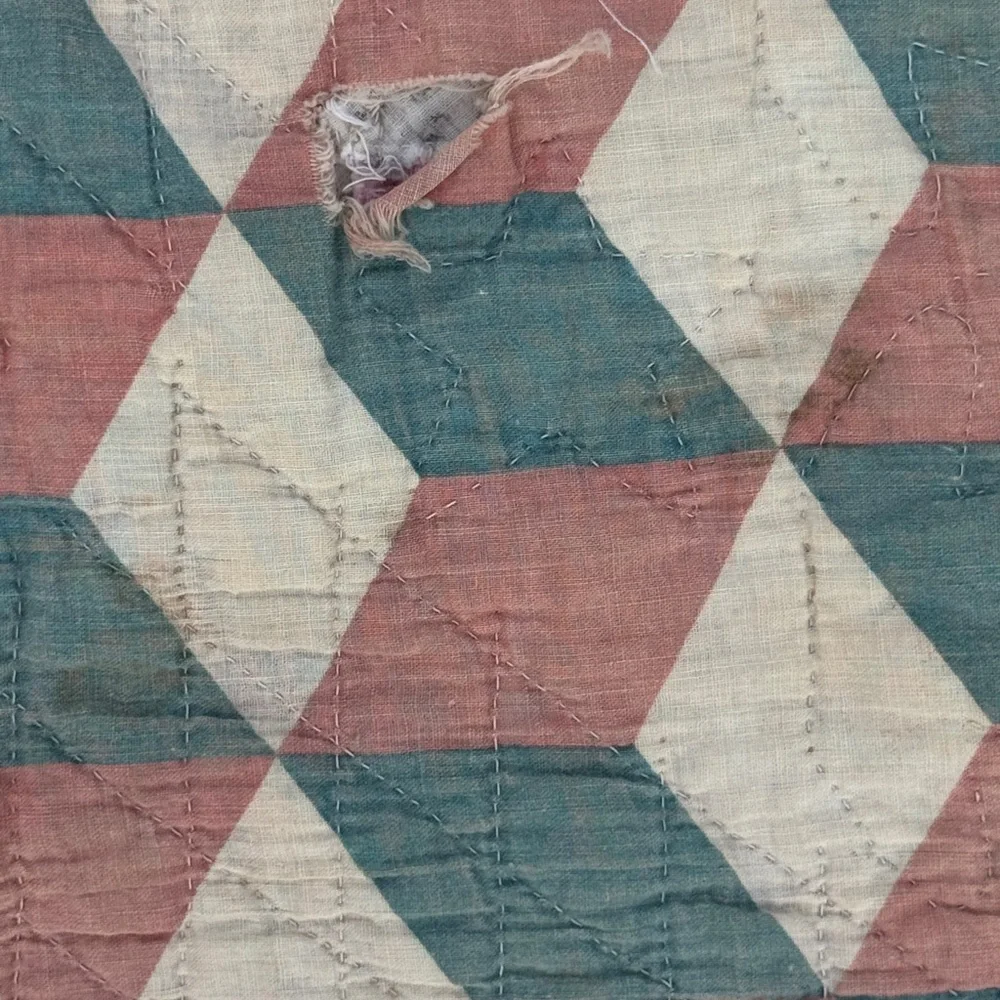 Antique 1880-1910, Reversible Quilt, Churn Dash & Tumbling Blocks. 74x78”. TVR